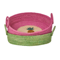 Round Raffia Bread Basket Embroidered Fruit Rice DK